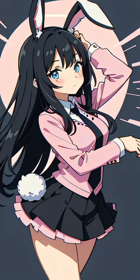 Anime girl with black hair and bunny ears in pink tie, blue eyes, shy blush vector design ,all possible movement