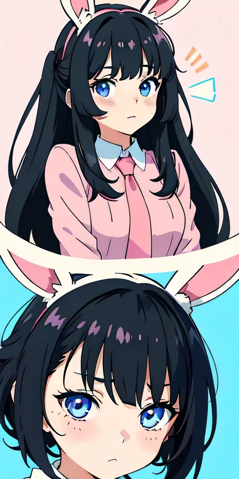 Anime girl with black hair and bunny ears in pink tie, blue eyes, shy blush vector design ,all possible movement