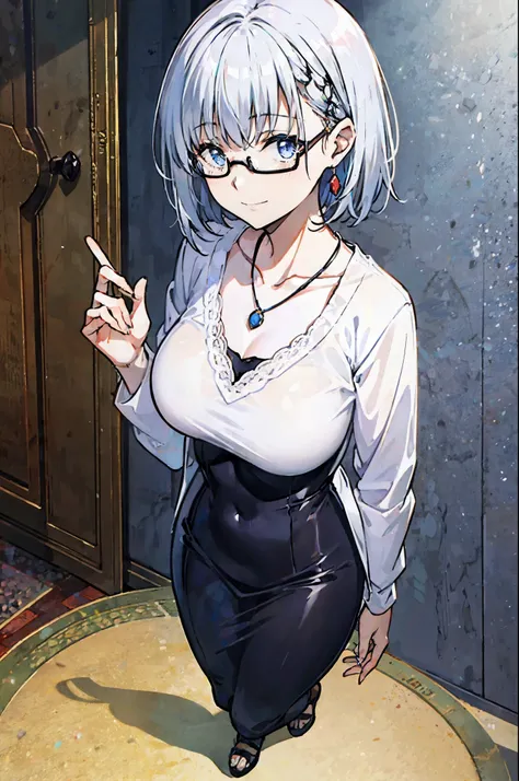 1girl, alternate_costume, bespectacled, closed_mouth, collarbone, glasses, jewelry, necklace, pendant, semi-rimless_eyewear, short_hair, silver_hair, smile, solo, under-rim_eyewear,,full body, big breast
