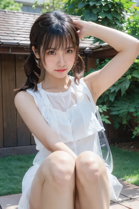 realistically, 1 girl, twintails, brown eyes, glowing eyes, Blush, daytime, sleeveless shirt, sun light, Wet, Seethrough, Sit on your knees., crotch, nipples, pussy, armpit, 