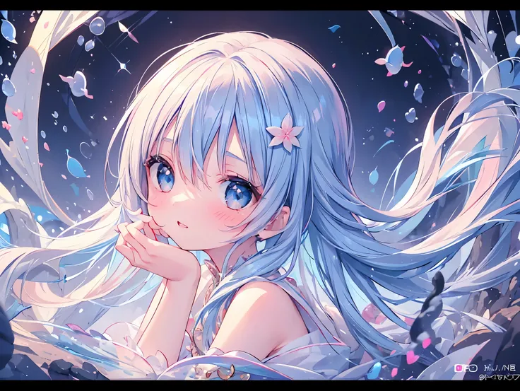 masterpiece, best quality, extremely detailed, (illustration, official art: 1.1), 1 girl, ((light blue long hair))), light blue hair, 10 years old, long hair ((blush)), cute face, big eyes, masterpiece, best quality, ((a very delicate and beautiful girl)))...