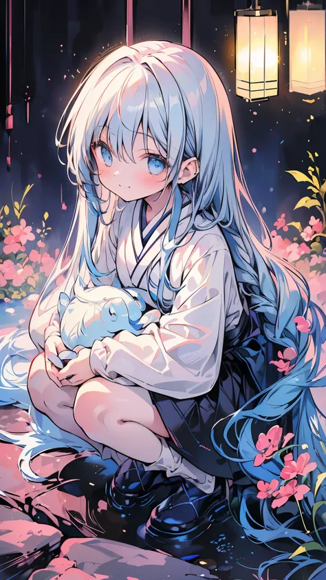 masterpiece, best quality, extremely detailed, (illustration, official art: 1.1), 1 girl, (((light blue long hair))), light blue hair, 10 years old, long hair ((blush)), cute face, big eyes, masterpiece, best quality, (((a very delicate and beautiful girl)...