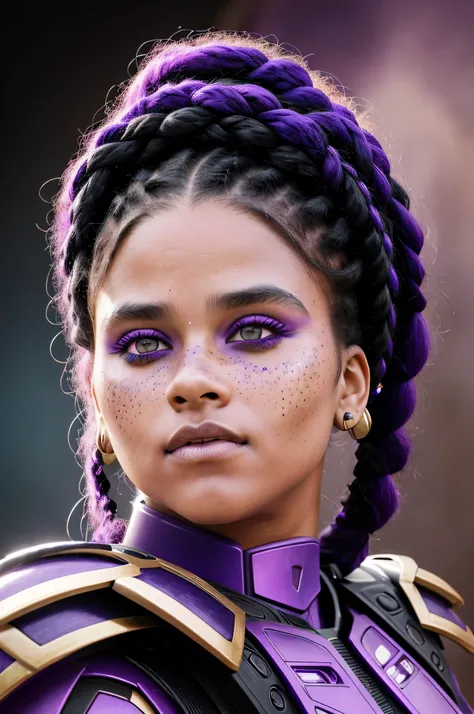 in a galaxy, a woman, black hair in braids, purple eyes, black and purple armor, freckles on her cheeks, blush on her cheeks, purple eyeshadow, cute face, fighting aliens, sharp, realistic