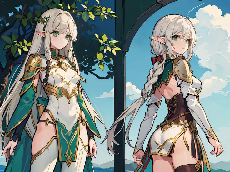 1 Female, Reference Sheet, Matching outfits, (Fantasy Character Design, front, return, ~ side, rear) Elf Ranger. Agile body、(brown),(Dark Elf)、 Mid-chest. Forest green eyes. Long, flowing white hair, Decorated with delicate braids, Natural ornaments. Light...