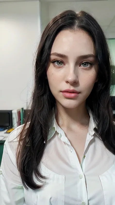 Woman with long natural black hair, (perfect skin, Hultra detailed skin, best quality), perfect face, (white Mens formal shirt), (Perfect soft green eyeballs of the same size), Natural makeup, ((traits similar to those of lana rhoades)), perfect selfie, pe...