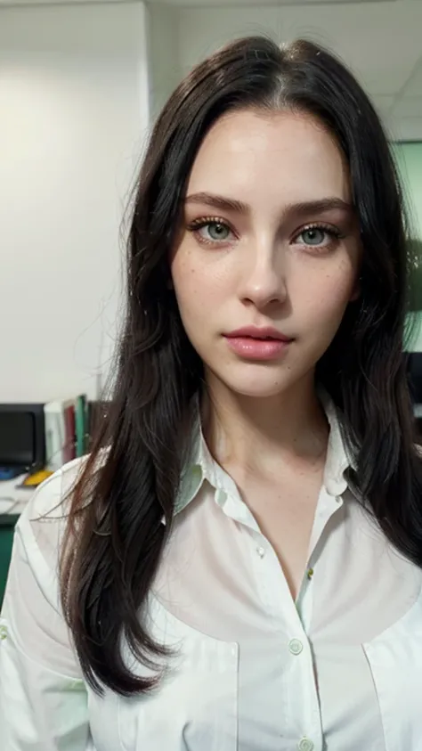 Woman with long natural black hair, (perfect skin, Hultra detailed skin, best quality), perfect face, (white Mens formal shirt), (Perfect soft green eyeballs of the same size), Natural makeup, ((traits similar to those of lana rhoades)), perfect selfie, pe...