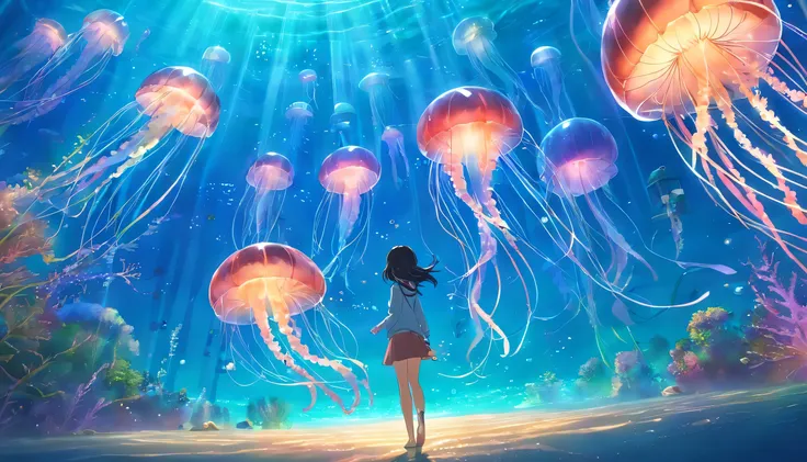 Swarms of jellyfish、big jellyfish、seabed、colored with many colors、Shining Light、