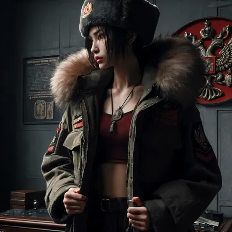  ((very sharp photo result & detailed face)) (((textile shading))), (((Best Quality))), (((masterpiece))), (((hyper realistic photo))) dark backlight shade full body shoot a tall tough cold japanese girl stylishly pose with ushanka hat & short red slick ba...