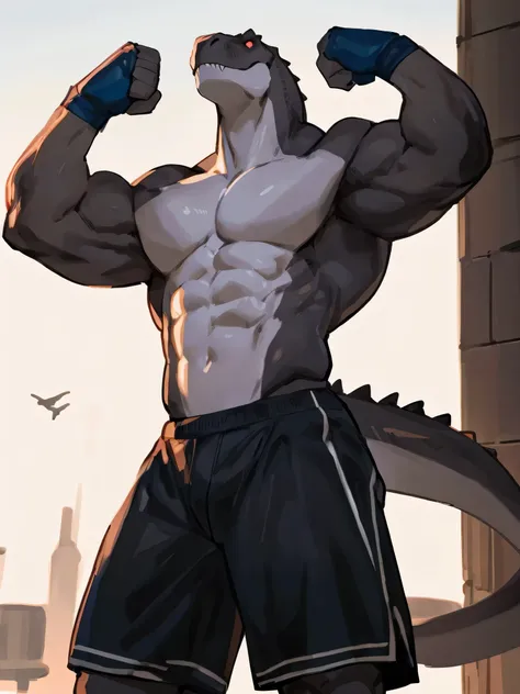 ((by bebebebebe, by zackary911, by K0BIT0WANI, via world football federation, best quality, masterpiece, perfect anatomy, deTailed picture)), alone, 1 male, muscular, muscle veins, adult, Tyrannosaurus rex, dark gray scales, Tail, dark red eyes, blue boxin...