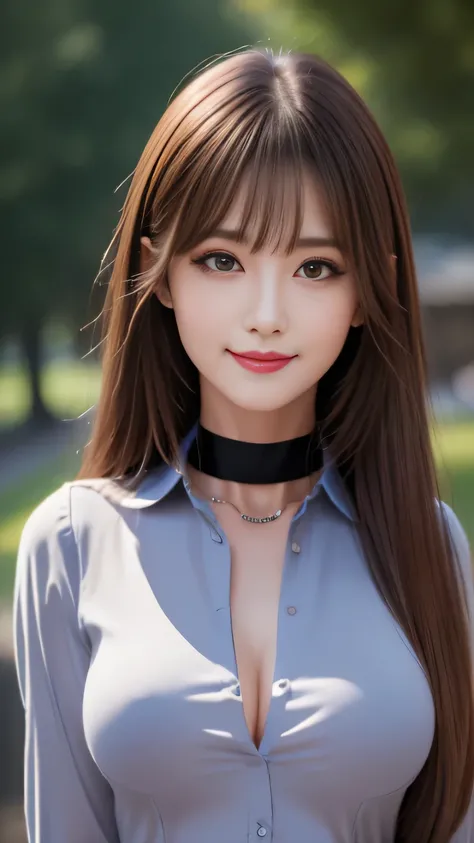 ((highest quality, 8k, Representative works in detail, Ultra-high resolution)), (Looking at the audience), (Cowboy Shot), Attractive woman, ((Big Breasts)),  smile, ((black choker)), Slim figure, (Blue contacts), Long eyelashes, bangs, Beautiful shiny brow...