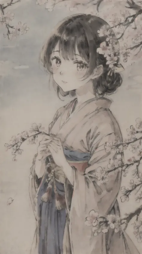 antique paintings、japan、girl、taisho romance、hakama、cherry blossoms、blue sky