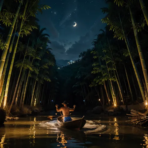 Landscape, a river under the blue moon light, a man riding a bamboo boat in the middle of the river