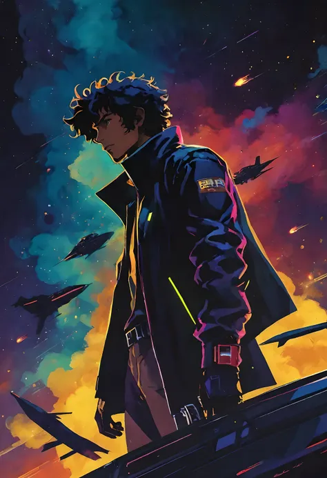 Cowboy Bebop Jet Black, acrylic painting, cyberpunk elements, space adventure, stylish costumes, iconic spaceship, artistic brushstrokes, atmospheric haze, neon lights, iconic logo, retro aesthetics, comic book style, smoke effects, dramatic shadows, drama...