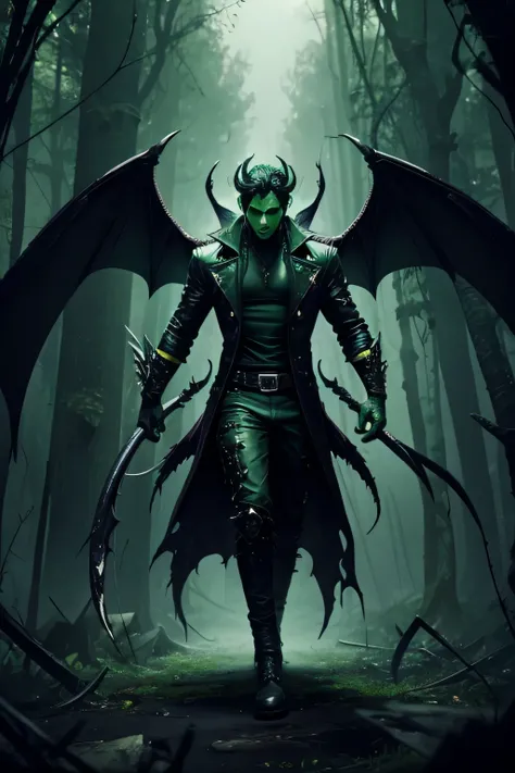 sufferring, twisted, souless, corrupted, wings, male demon, (color:green)