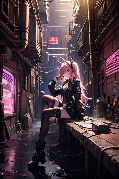 masterpiece, top-quality, high resolution,SAE, anime girl, long flowsmatic pink hair, headset on ears, lost in music rhythm, cyberpunk setting, neon-lit alleyways, sci-fi backdrop, steampunk gears, fantastical elements, steam escaping from old pipes, chara...