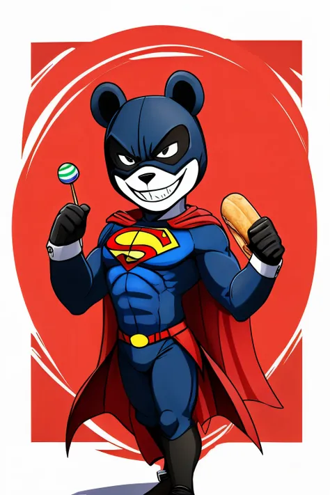 A very bouncy bear, wears a Batman mask, has a Joker face and smile, wears a Superman costume, in one hand he holds a French baguette and in the other a lollipop