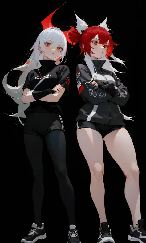 2girls, red hair, white hair tips, black leggings, black short shorts, crossed arms, full body, standing, black background