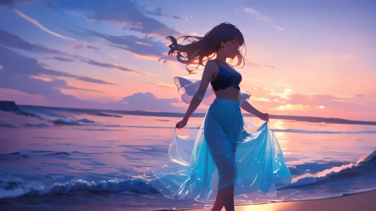 masterpiece， high quality， Cinematic movie stills， one girl，golden hair，night，night sky， floating in the sky， cloud girl， cloud， （closeup cleavage： 1.1），  fancy， transparent body，shiny，Telegraph slang，green skirt，Blue skirt，transparent clothes