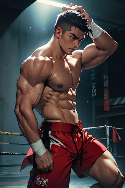 Masculino, peleador de muay Thai, artes marciales, 4k, parado,pose de lucha, rodilla levantada, bandages on hands and biceps, Athletic Physique, dark atmosphere，8k,Cinematic lighting effects，Piel texturizada，la mejor calidad，narrative images，narrative imag...