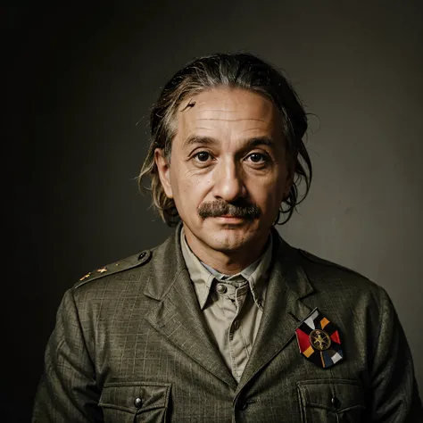 portait, realistic, albert einstein wearing a old german military uniform, background german flag