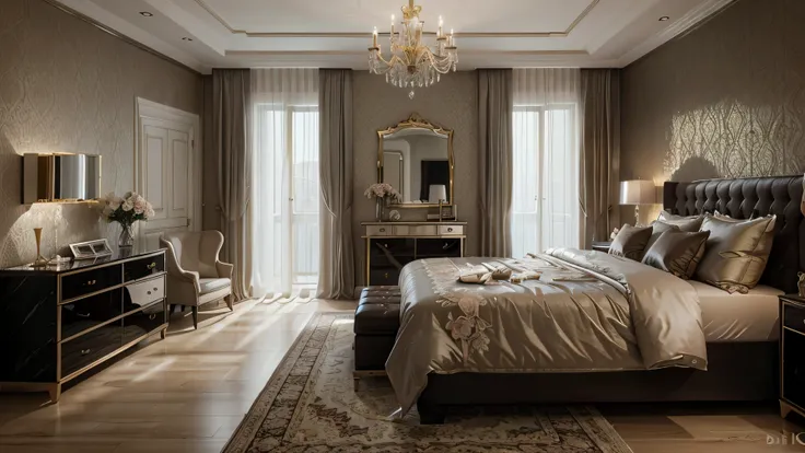 ((best quality)), ((masterpiece)), ((realistic)), a close-up of a bedroom with a bed, dressers, and a chandelier, bedroom, bedroom interior, inside a bedroom, counter with a bouquet of flowers, window with curtains in the background of the room, black marb...