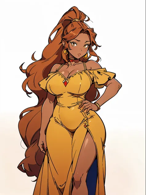 ((masterpiece,best quality)), Brown skin, yellow eyes, long red hair, big breasts, big hips, hair between eyes, hair flares out, 1girl, solo, brown-skinned female, red-haired female, front view, plump thighs, ponytail, reddish-brown skin tone, dress