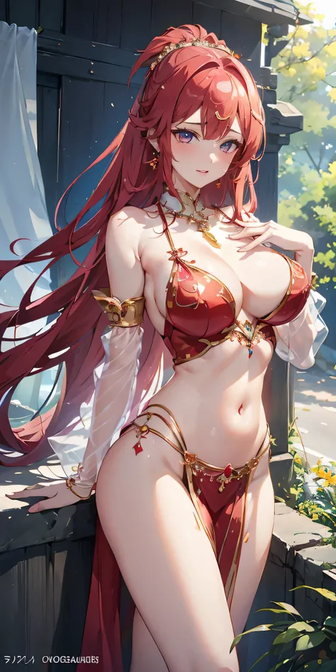 red, (One princess wore a sexy belly dancer outfit with transparent lace sleeves.), (photorealistic:1.4), (Masterpiece, On the side of the road, Beautiful eyes with exquisite details: 1.2),Anime, dynamic gesture, Masterpiece*Portrait, realistic, 3D face, g...