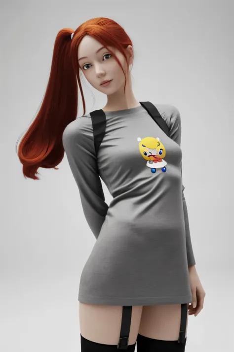 A red-haired Pippi Longstocking character, full of charm and adoration, faces forward in the frame. The background is grey and fashioned in a frontal, grey front style, giving a sculpture-like, cartoonish feel to the image. With her iconic second body, def...