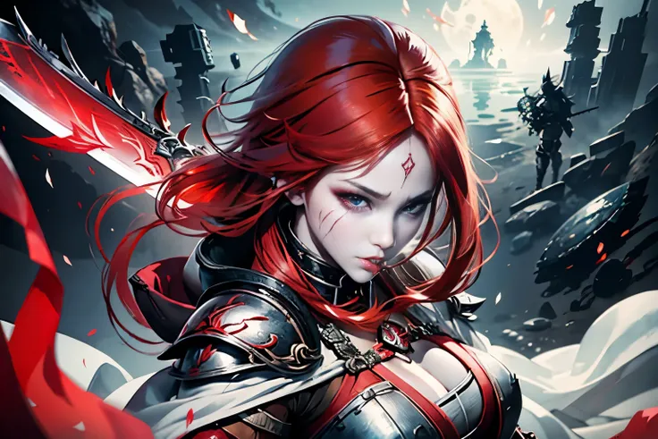 A full size of a beatiful anime girl warrior with red hair red eyes red eyeshadows red lipstick with cute scar near right eye and mouth dressed in sexy red armor dress with white parts, Girl standing on the battlefield and eminates red aura of madness, hol...