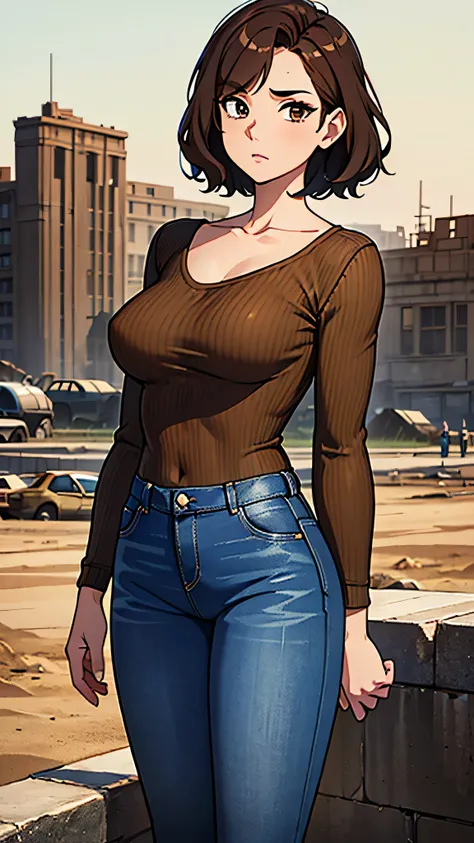 masterpiece, best quality, ultra-detailed, 1girl, eye-level shot, standing posture, (brown wavy short hair), large breasts, collarbone, (long sleeve slimmer), jeans, wasteland ruins