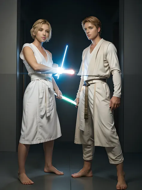 Fullbody view of Jedi male in action pose with short blond hair standing near jedi female with short hair in white robes holding lightsaber