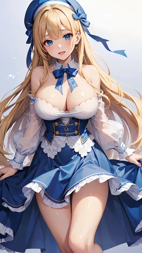 ((highest quality、High resolution))、A beautiful woman、Perfect body、beautiful ample breasts、Long blonde、bangs、Blue and white beret、ribbon、embellished sexy dress、skirt、a sexually excited look、Legs wide open、((Im inviting you to have sex))