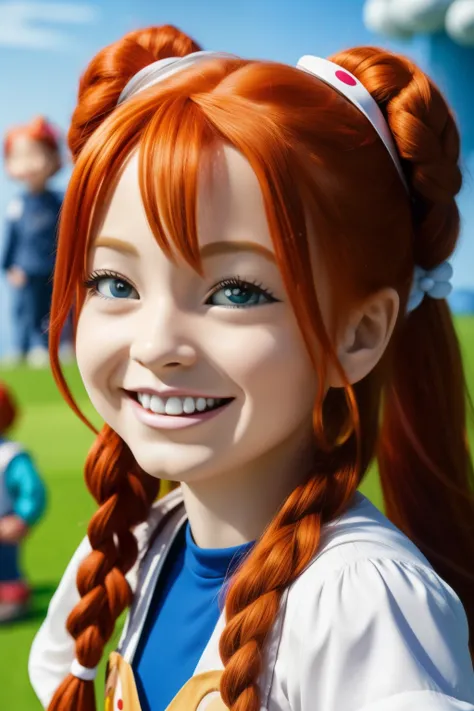 A charming and full-smiling Red-haired Pippi Longstocking, in her iconic second body with long, bouncy curls, faces forward against a gray foreground in a sculptural and playful cartoon style reminiscent of the works of Takashi Murakamis Kaus Goodcore in t...