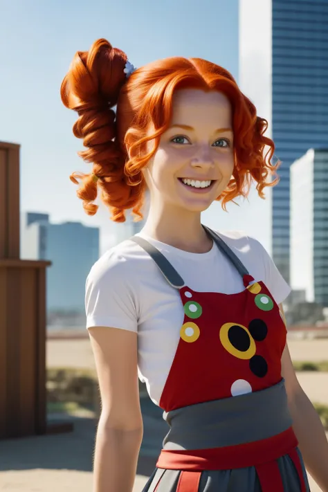 A charming and full-smiling Red-haired Pippi Longstocking, in her iconic second body with long, bouncy curls, faces forward against a gray foreground in a sculptural and playful cartoon style reminiscent of the works of Takashi Murakamis Kaus Goodcore in t...