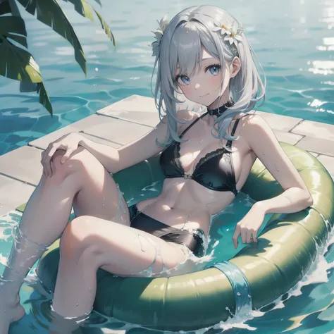 In this exquisitely crafted, high-resolution image, a silvery-haired character with a charming, smiling face takes a break from their day to enjoy the summer vibes by the pool. The ultra-detailed, realistic portrait showcases every wrinkle and strand of ha...