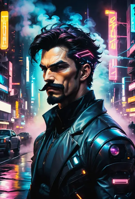 jet black character from cowboy bebop,anime,male,serious expression,short black hair,beard and mustache,deep voice,big and muscular,brown eyes,intense gaze,black suit,Detroit,cityscape,night scene,neon lights,moody atmosphere,cyberpunk,futuristic style,dar...