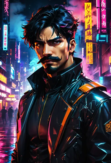 jet black character from cowboy bebop,anime,male,serious expression,short black hair,beard and mustache,deep voice,big and muscular,brown eyes,intense gaze,black suit,Detroit,cityscape,night scene,neon lights,moody atmosphere,cyberpunk,futuristic style,dar...