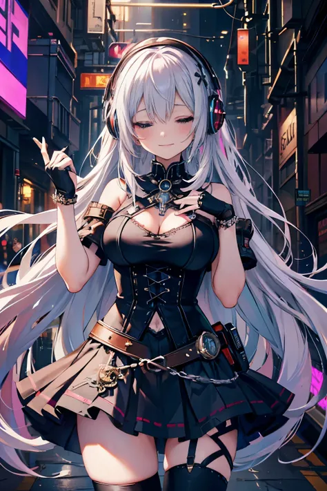 In the heart of a cyberpunk city, bathed in the soft, neon glow of holographic advertisements, an anime girl with flowing, long hair and a captivating smile sat immersed in her world, donning headphones that pulsed with the rhythm of lo-fi beats. Her white...