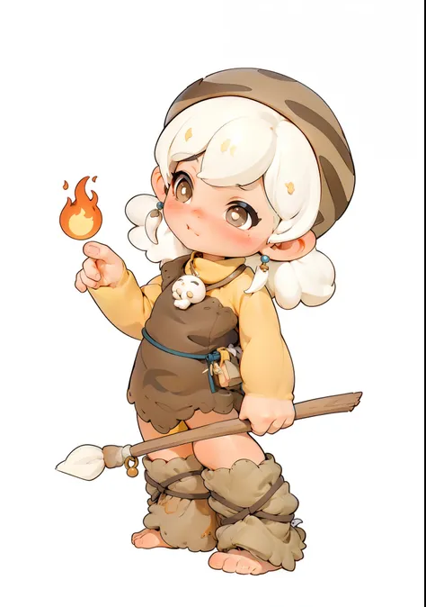 Cartoon image of a child holding a stick,, She holds a long stick, Girl characters, Little Fire Breather,A hand with flames，female explorer，Mini cute girl, cute characters, holding a spear, Cute girl holding a spear, White hair，big eyes，Wearing animal skin...