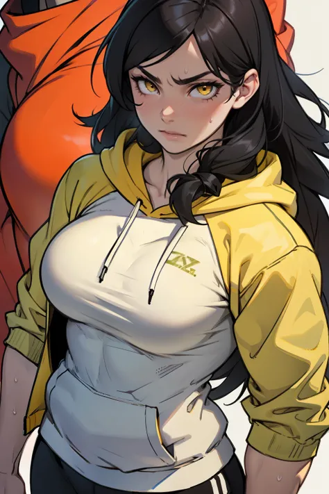 ((1girl muscular)) pale skin black hair very long hair yellow eyes large breasts hoodie sweatpants close up