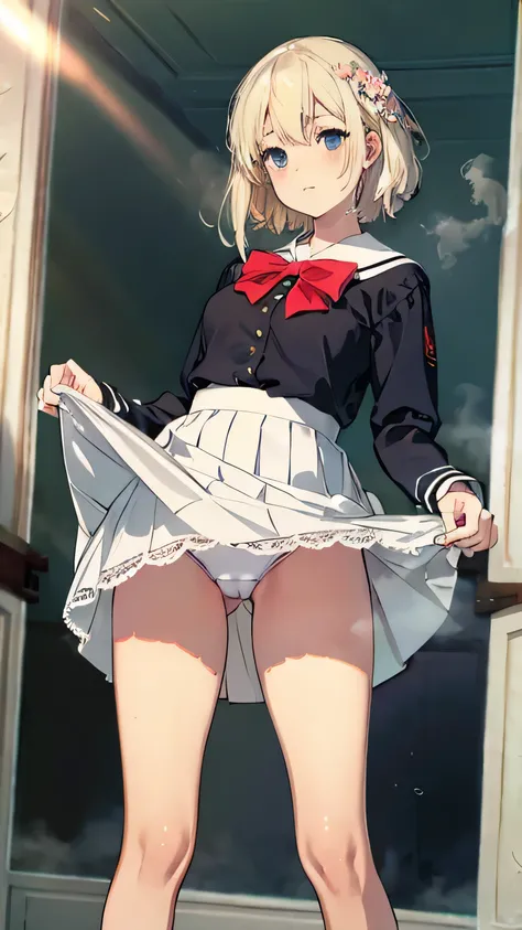 (masterpiece), mature school girl, sexy, posterior, floral lace undies, natural light, photorealistic, cameltoe, diffused light, depth of field, white skirt, steam, (lift skirt), (urination), lifelike