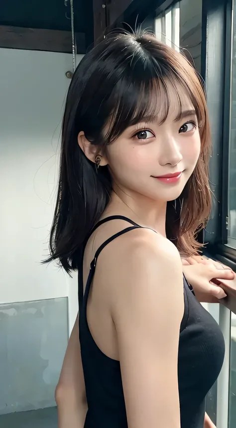 An innocent 20-year-old girl、((Black tank top, Dramatic Pose)),smile,shortcut,Gym,RAW Photos, (8k、highest quality、masterpiece:1.2)、(Intricate details:1.4)、(Photorealistic:1.4)、Octane Rendering、Complex 3D rendering with ultra-detail, studio soft light, Rim ...