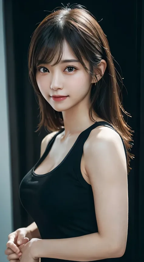 An innocent 20-year-old girl、((Black tank top, Dramatic Pose)),smile,shortcut,Gym、RAW Photos, (8k、highest quality、masterpiece:1.2)、(Intricate details:1.4)、(Photorealistic:1.4)、Octane Rendering、Complex 3D rendering with ultra-detail, studio soft light, Rim ...