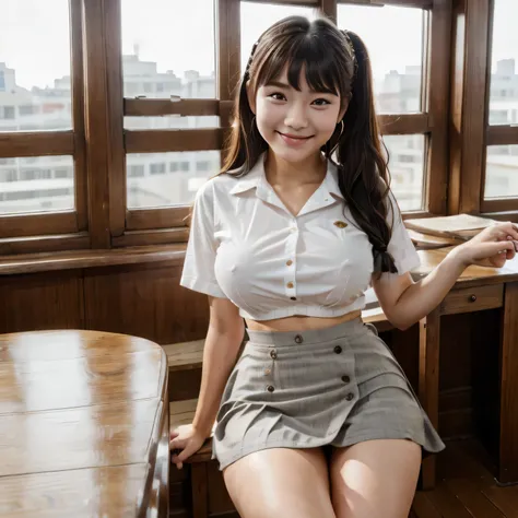 masterpiece, reality, 8k, intricate details, sharp focus,(full_body), 1girl, in the classroom, (beautiful young girl, 18 years old), wearing a sailor shirt and mini skirt, with a ponytail and bangs, smiling,  Showing thighs, looking at viewer, large breast...