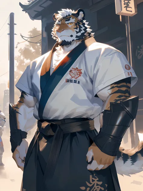 (white skintiger),(上half body赤裸:1.7),(martial arts衣服:1.4),(holding a long sword),(awesome posture),standing calmly,(the backgrou...