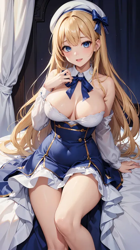 ((highest quality、High resolution))、A beautiful woman、Perfect body、beautiful ample breasts、Long blonde、bangs、Blue and white beret、ribbon、embellished sexy dress、skirt、a sexually excited look、Legs wide open、((I&#39;m seducing you))