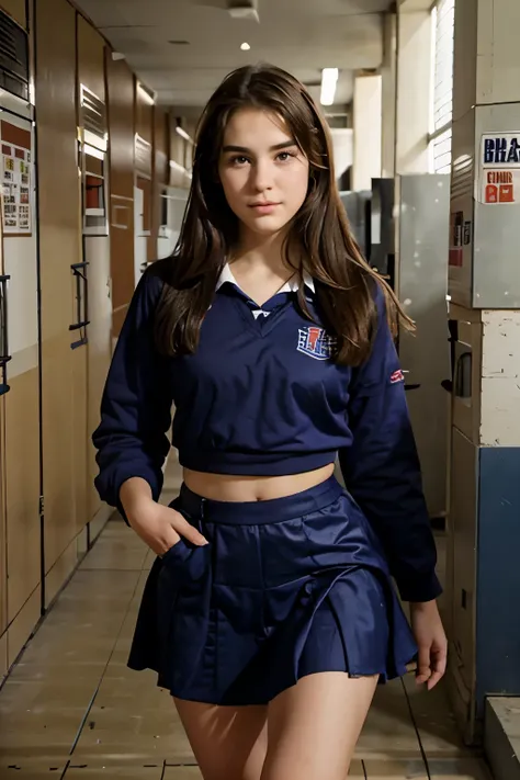 high school girl (pretty face, realistic) sit in basket ball court