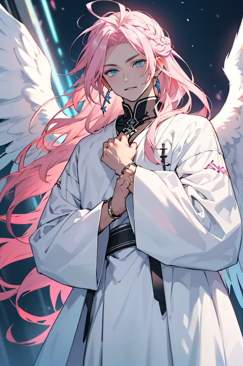 Angel man long pink hair bright blue eyes white skin angel white clothes with jewelry