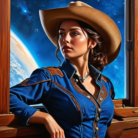 (Best Quality, Masterpiece, High Resolution, HD, Super Detail, Official Art, Realistic), Space Cowboy, Short Brunette, Rugged Countenance, Piercing Eyes, Cowboy Dress, Cowboy Hat, Revolver, Behind a Large Round Window (Outside the Window is the Giant Blue ...