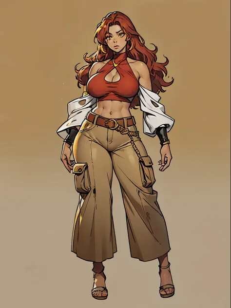 brown skin, yellow eyes, long red hair, big breasts, big hips, hair between eyes, hair flares out, 1girl, solo, brown-skinned fe...